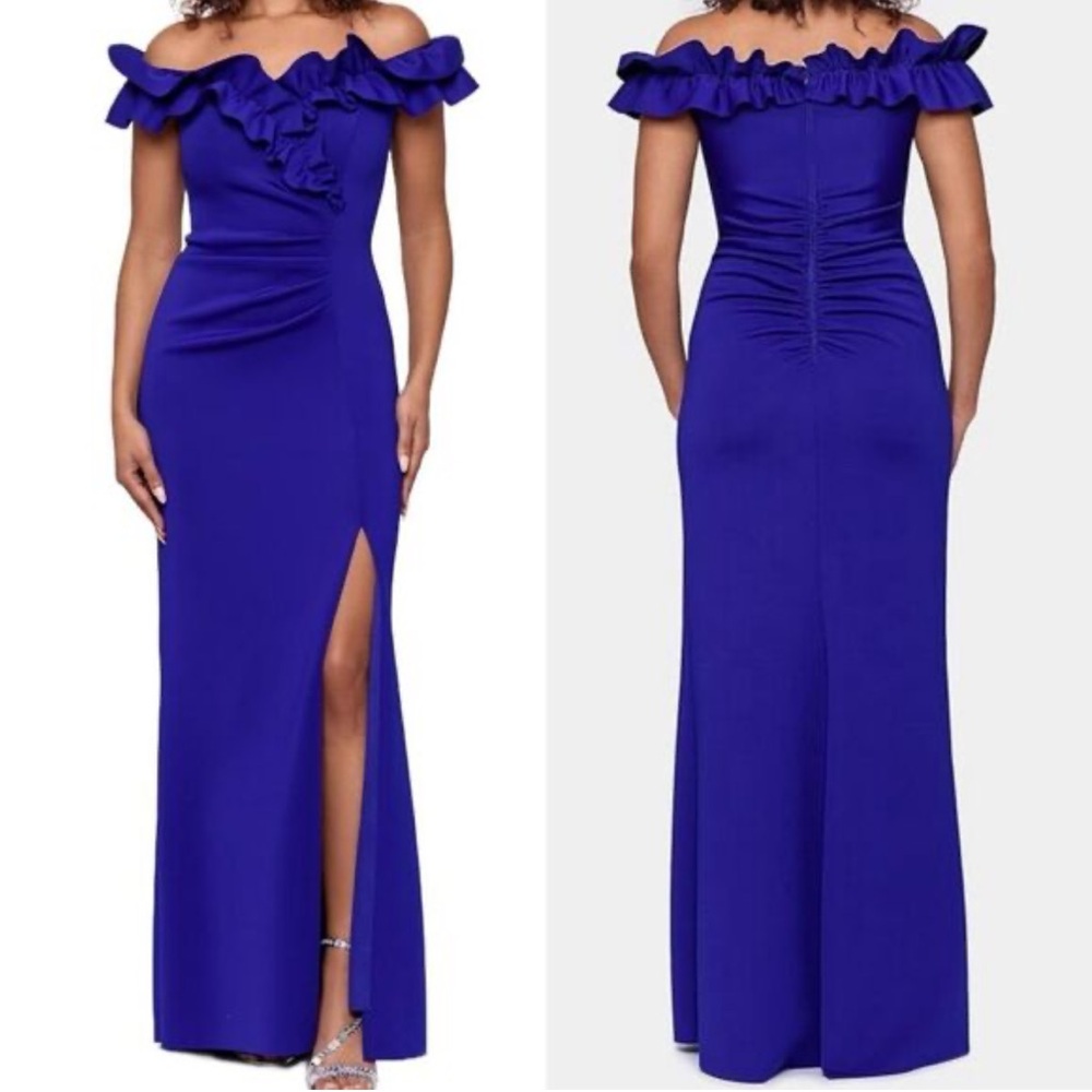 NWT Xscape womens Long Stretch Scuba Ruffle Collar Ruched Dress